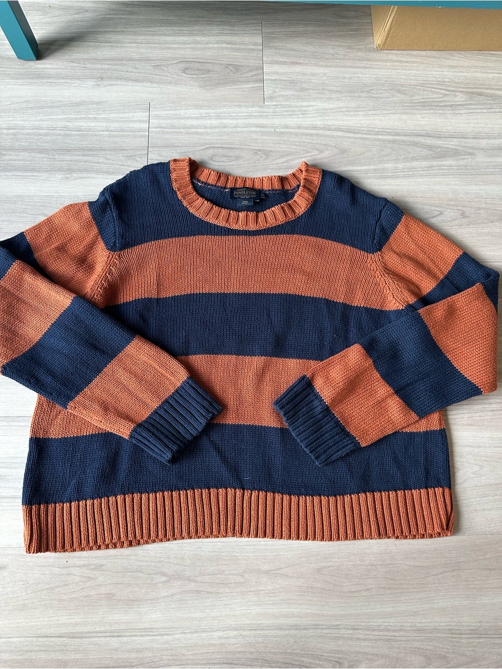 Pendleton navy blue/rust orange striped crewneck sweater women’s XL 100% cotton